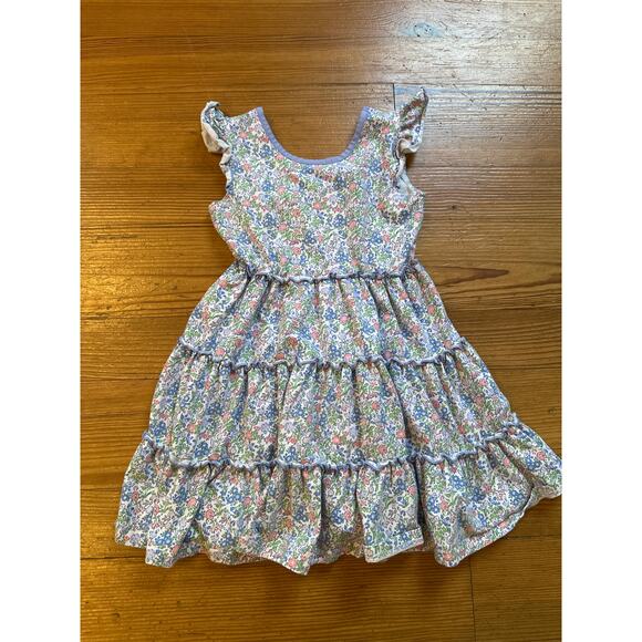 Shrimp and Grits Kids blue pink floral short sleeve tiered dress SIZE M(5-6) - Picture 1 of 5